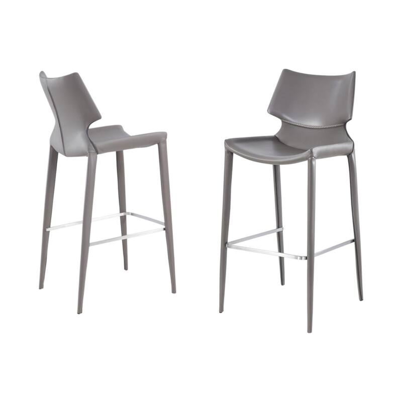 HomeRoots Set of Two 30" Gray Faux Leather And Steel Low Back Bar Height Bar Chairs