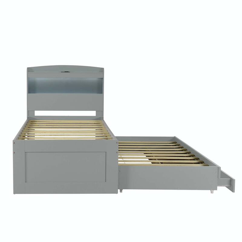 Platform Bed with Storage LED Headboard, Charging Station, Twin Size Trundle and 2 Drawers