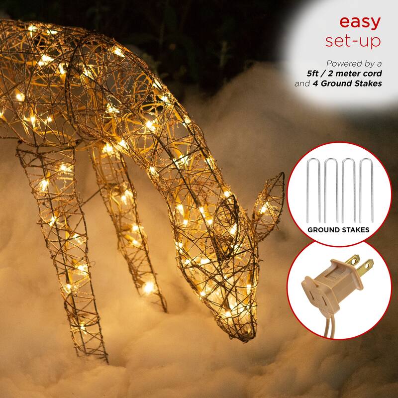 Alpine Corporation Outdoor Rattan Grazing Christmas Reindeer Lawn Decoration with White Halogen Lights