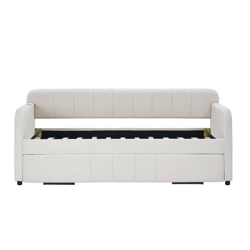 Twin Size Velvet Upholstered Daybed, Wood Sofa Bed Frame Daybed Couch with Trundle Bed and Wood Slat