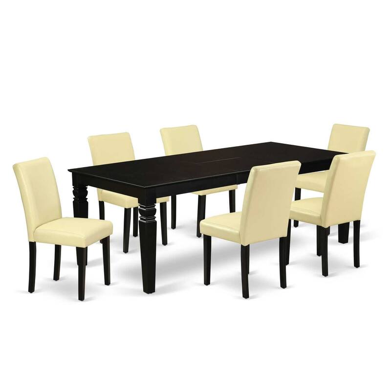 Asian Allure 7Pc Kitchen Table Set - 66/84" Rectangle Table w/ Leaf & 6 Parsons Chairs - Eggnog PU Leather