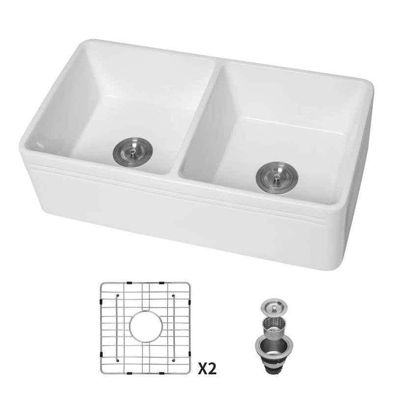 33'' Farmhouse Ceramic Double Bowl Kitchen Sink in White - 33'' x 18'' x 10''