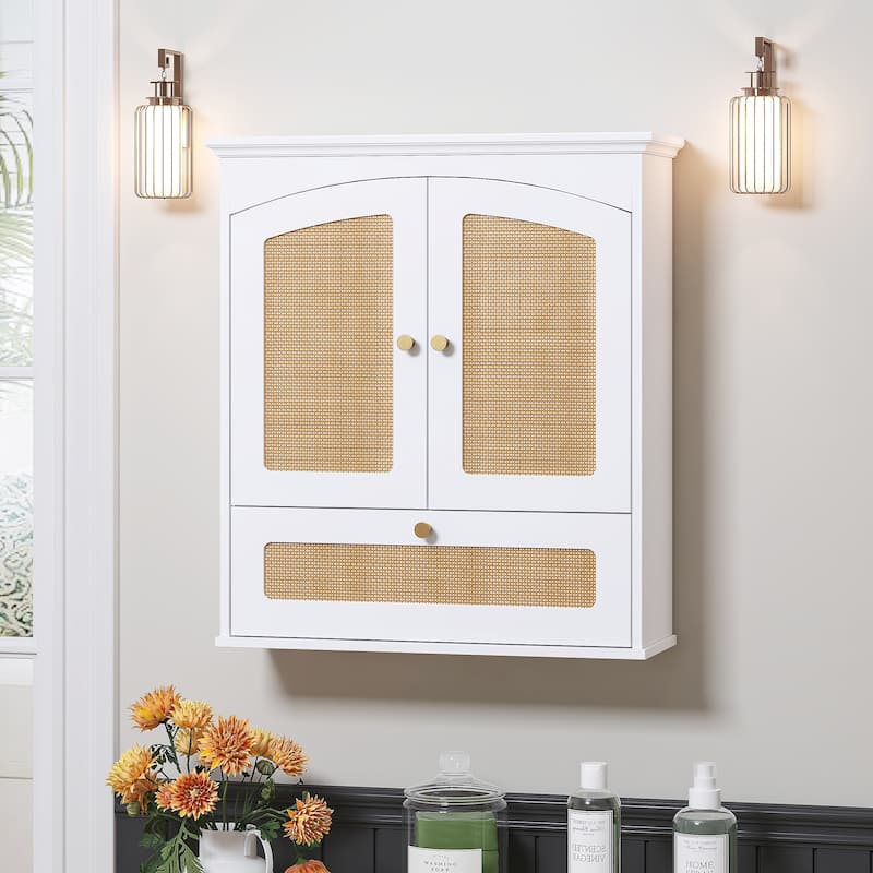 COSTARS Rattan Door Medicine Cabinet - Wall Mount Over Toilet Storage with Tilt-Out Bin