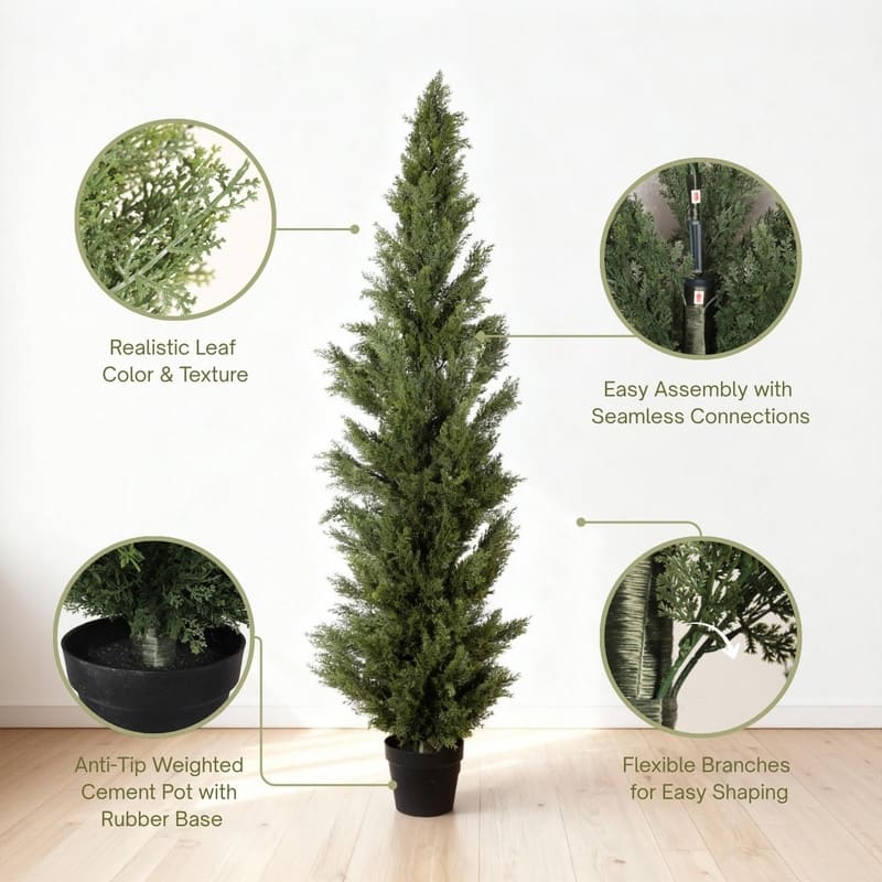 Black Plastic Pot Artificial Cypress Topiary - UV Resistant Fake Plant for Indoor & Outdoor Decor
