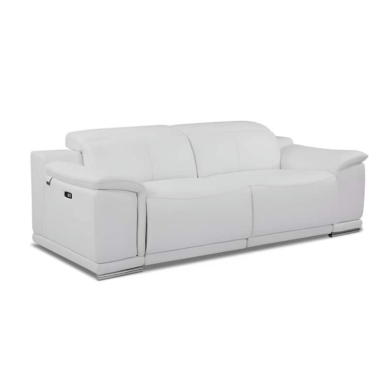 HomeRoots 86" White Italian Leather USB Reclining Sofa With Silver Legs