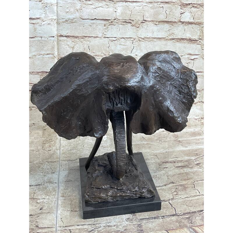 Imitative Elephant Head Bronze Metal Bust Statue Sculpture Figure Decor Signed Original Art Marble Base