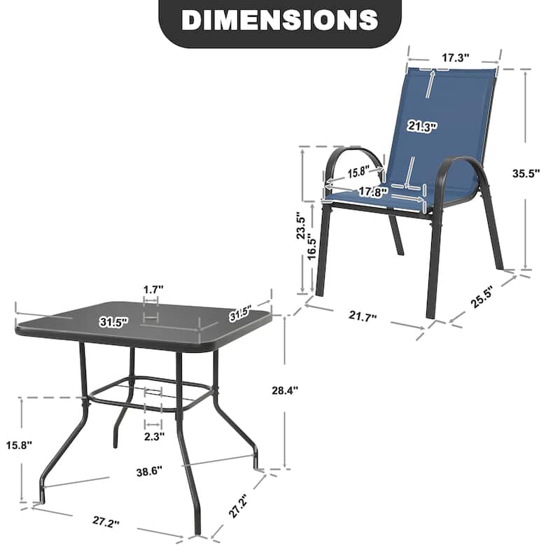 5-Piece Outdoor Dining Set, Textilene Stackable Chairs ang Square Table with Umbrella Hole