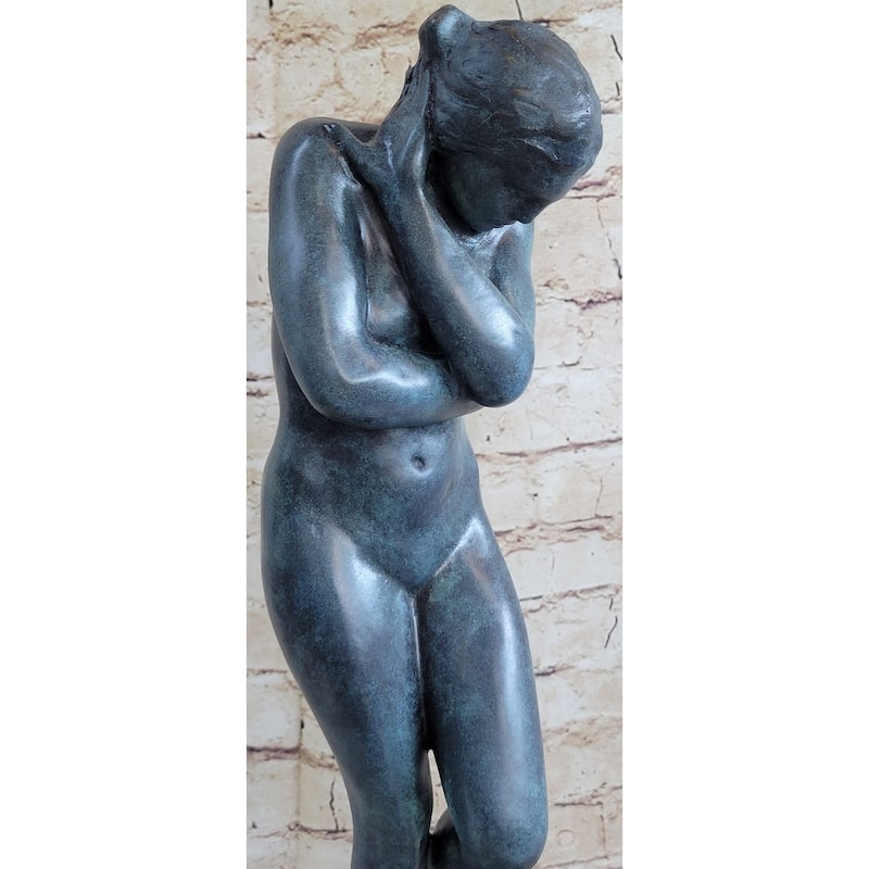 Eve By Auguste Rodin 1880 Bronze Statue Sculpture Replica Green Patina On Tan Marble Base