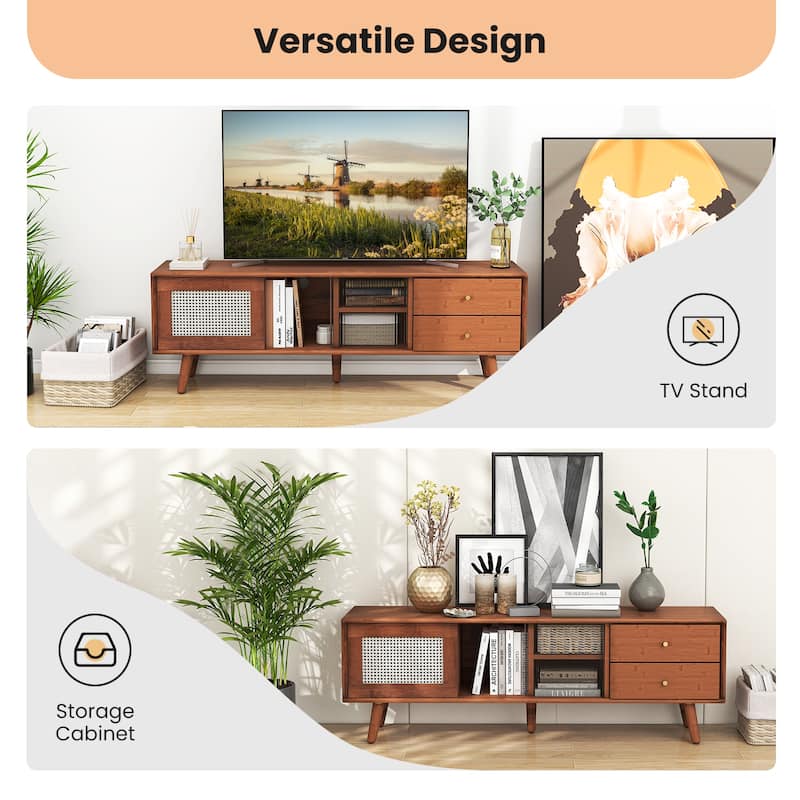 Wood Rattan Glass TV Stand with Drawers and Adjustable Shelves - 55" x 12" x 18"