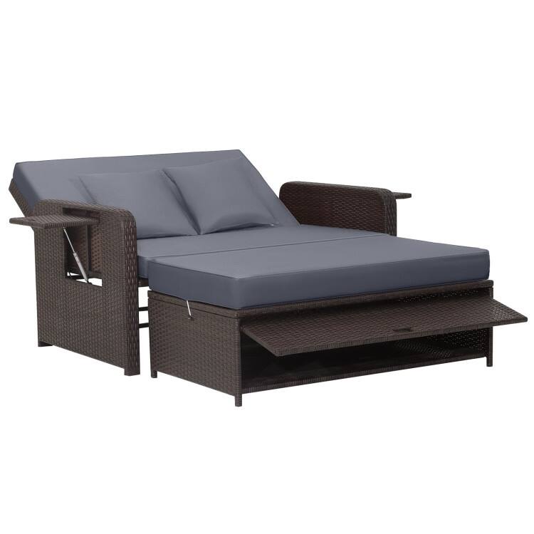 Patio Rattan Daybed with 4-Level Adjustable Backrest and Retractable Side Tray - 31" x 67" x 36"