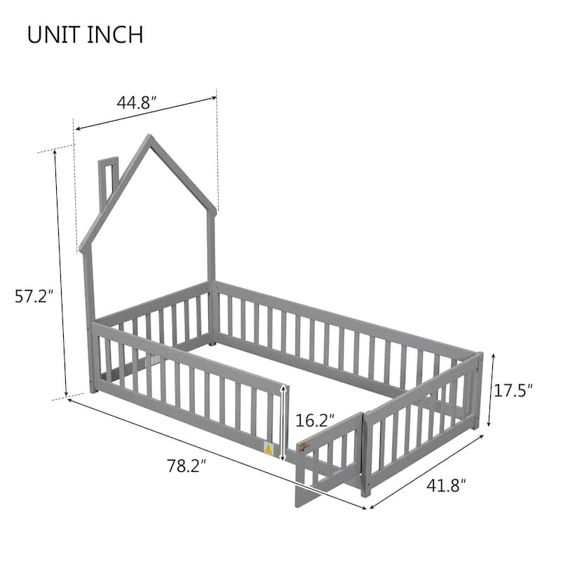 House-Style Twin Floor Bed with Fence, Pine Wood Bed Frame for Kids