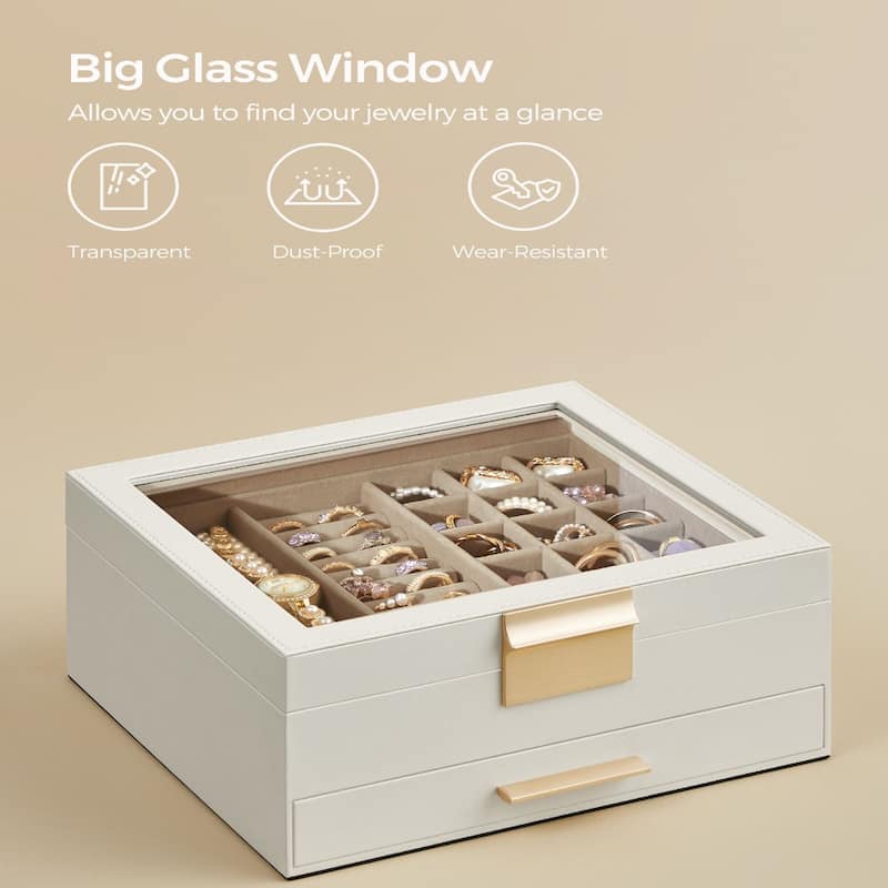 Modern Jewelry Organizer with Multiple Drawers Glass Top and Velvet Interior for Storage