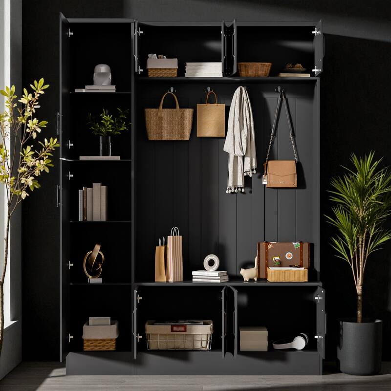 79'' Tall Modern 4-in-1 Hall Tree with Bench, 6 Cabinets, Adjustable Shelves & Coat Hooks for Entryway, Hallway, Living Room