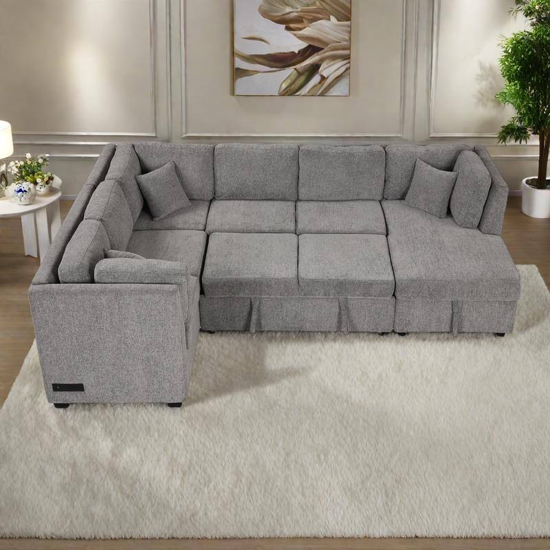 108.6" Chenille U-Shaped Sectional Sofa Bed with USB Ports, Storage Chaise, and 3 Back Pillows - Light Gray