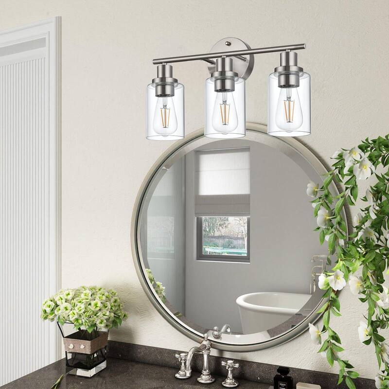 3-Light Bathroom Light Fixtures, Brushed Nickel Modern Vanity Lights Over Mirror with Clear Glass Shade, Bathroom Wall Lamp