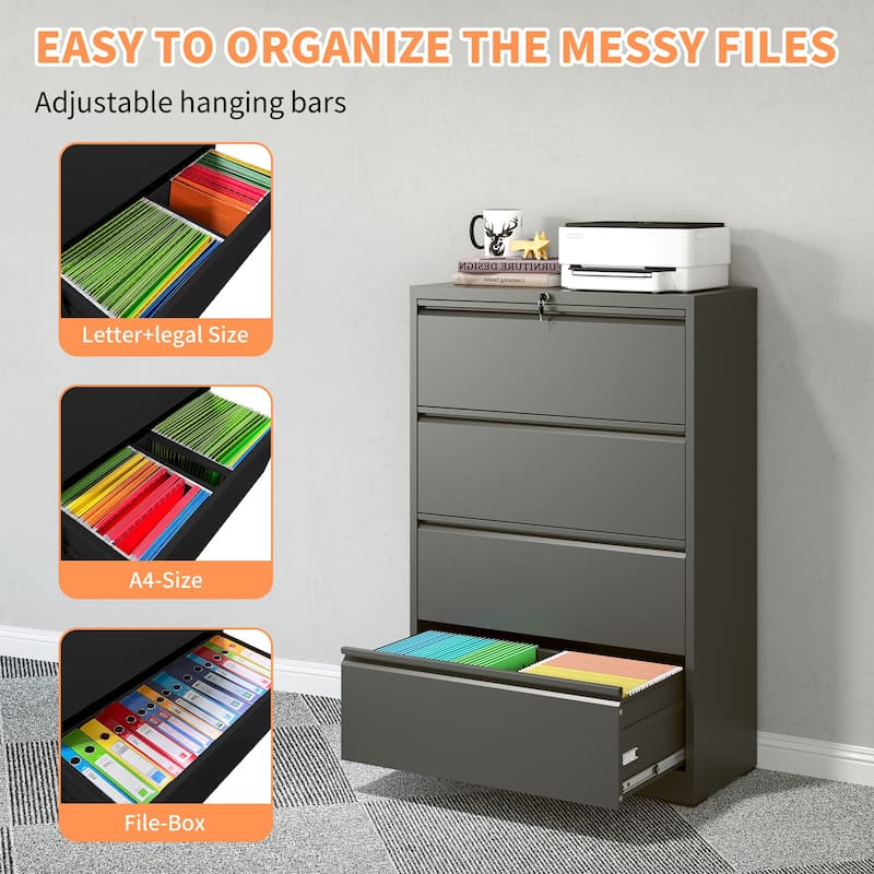 Lateral File Cabinet 4 Drawer, Black Filing Cabinet with Lock, Lockable File Cabinet, Locking Metal File Cabinet