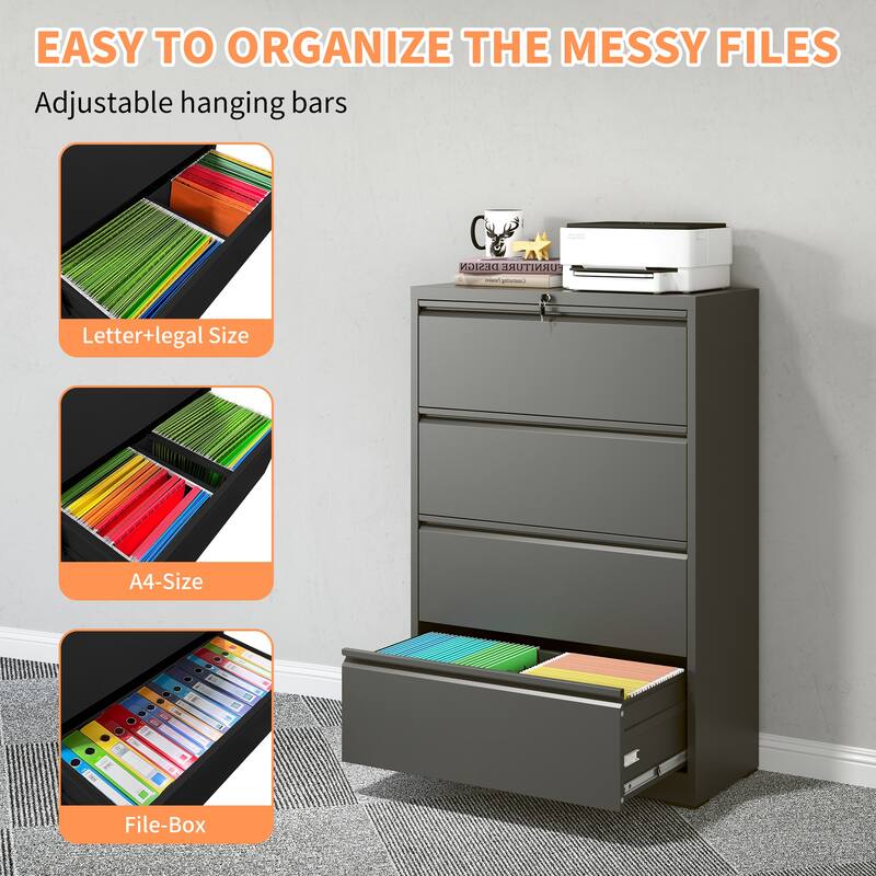 Lateral File Cabinet 4 Drawer, Filing Cabinet with Lock, Lockable File Cabinet for Home Office, Locking Metal File Cabinet