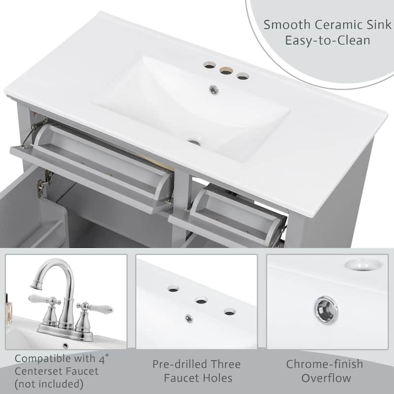 36" Bathroom Vanity with Sink, Light Gray Cabinet with 4 Drawers & 1 Door, Ceramic Basin, MDF & Rubber Wood Frame