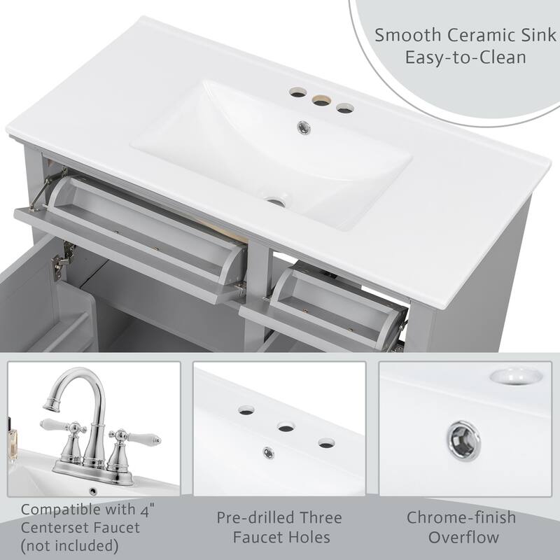 Roomfitters 36" Bathroom Vanity with Ceramic Sink, 2 Tip-out Drawers and Smart Storage Organizer