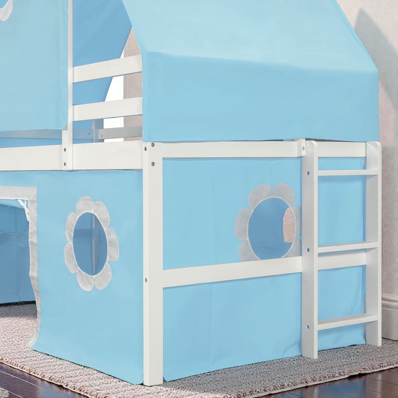 Kids Loft Bed with Slide, Tent and Tower, Solid Wood Castle Playhouse Loft