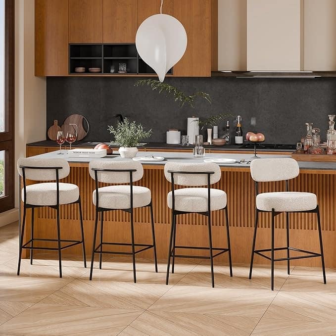 XINMICS 24 Inches Modern Counter Height Bar Stools with Curved Back Metal Legs, Upholstered Boucle Barstools, Set of 2/3/4 - Set of 4 - Grey - Counter Height