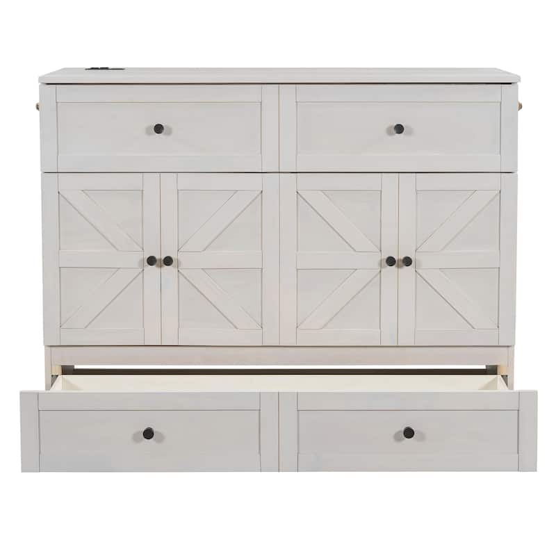 Full Size Murphy Bed with Large Drawers & USB Ports,Brushed White