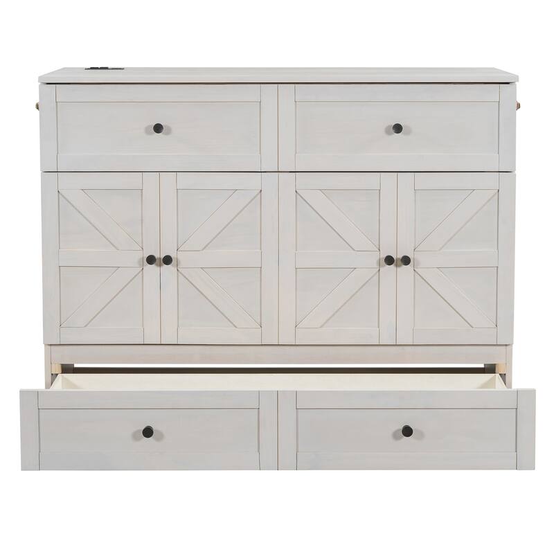 Space-Saving Full Size Murphy Bed with USB Ports and Storage Drawers, Brushed White