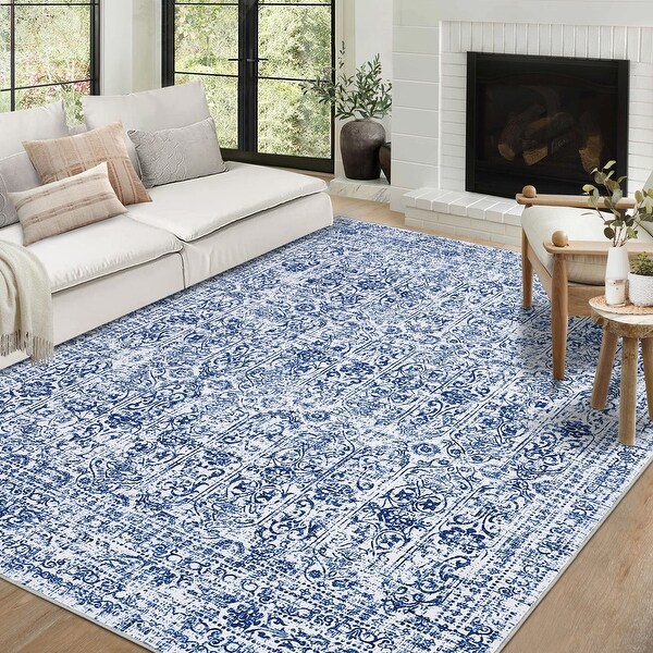 Garvee Vintage Floral Diamond Distressed Area Rug - On Sale - Bed