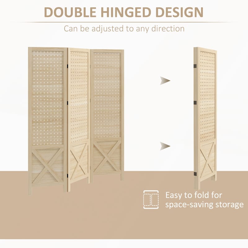 Folding Wood Pegboard Room Divider for Privacy and Organization in Home or Office