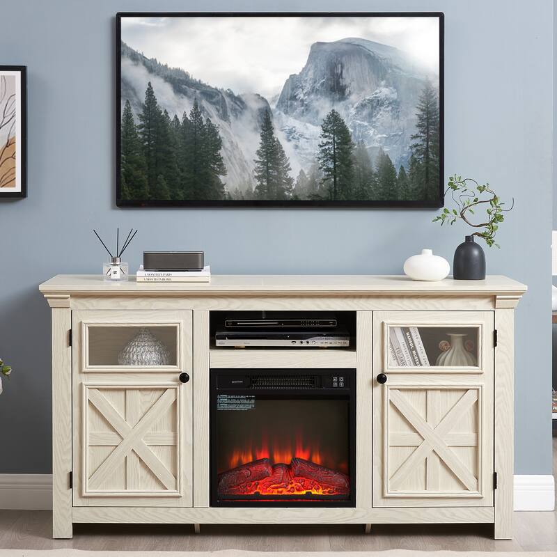 Fireplace TV Stand Media Console 2 Doors Cabinet with 18" Fireplace