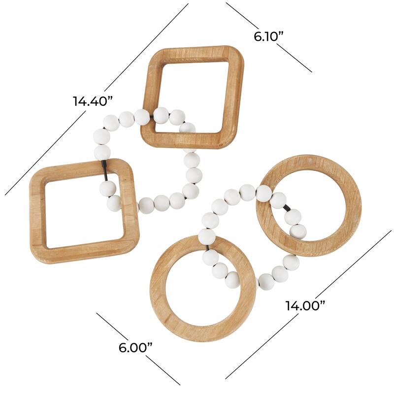 Brown Wood Geometric 3 Link Chain Decorative Sculpture with White Beaded Accents (Set of 2)