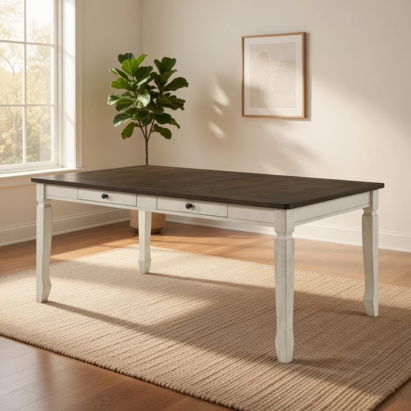 Dining Table with Rectangular Top and 2 Drawers, Brown and White
