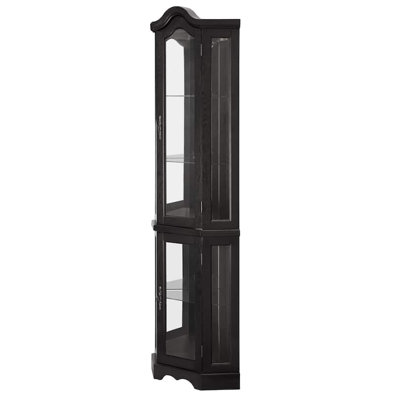 Lighted Corner Curio Cabinet, Freestanding Glass Display Cabinet, Wooden China Cabinet with Tempered Glass Doors & Shelves