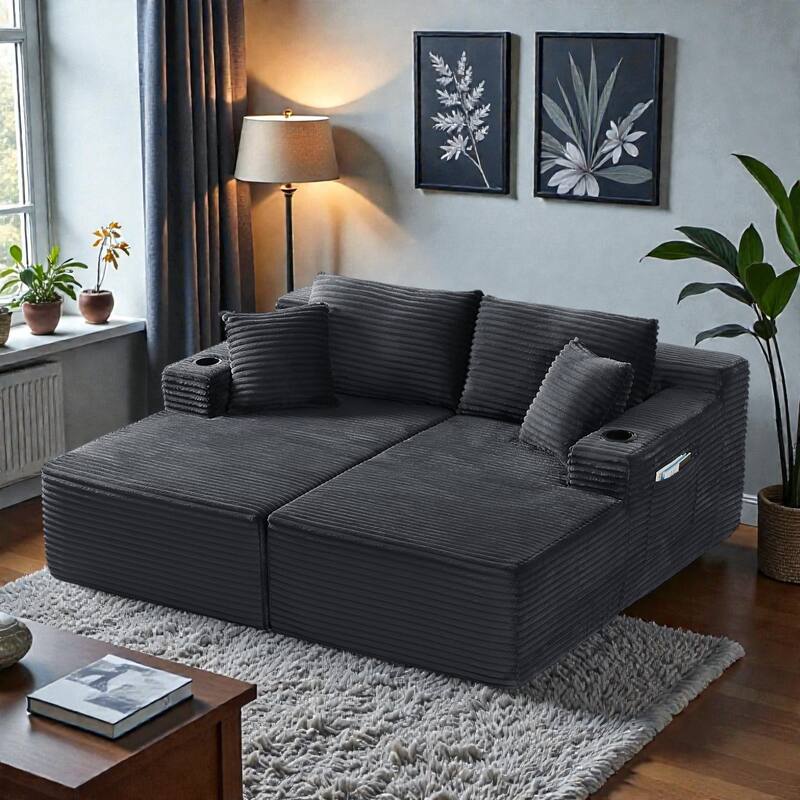 Compressible U-Shaped Modular Sectional Sofa, Corduroy Cloud Couch, 6-Seat Minimalist Living Room Sofa