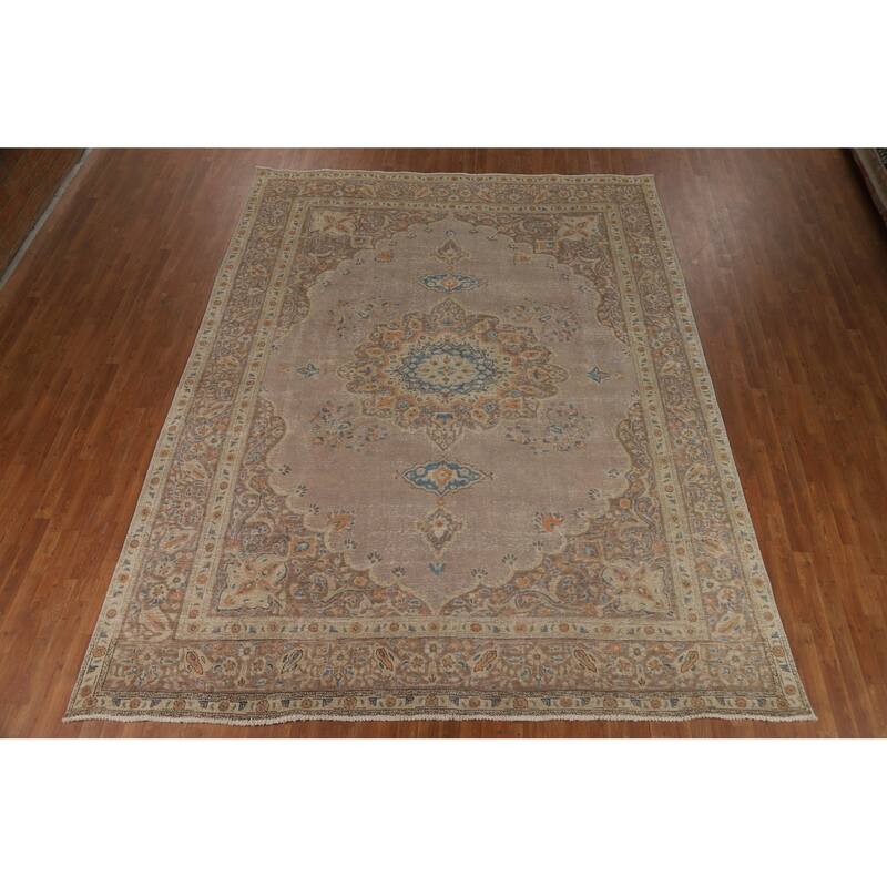Brown Medallion Tabriz Persian Area Rug Handmade Floral Wool Carpet - 9'7"x 12'3"