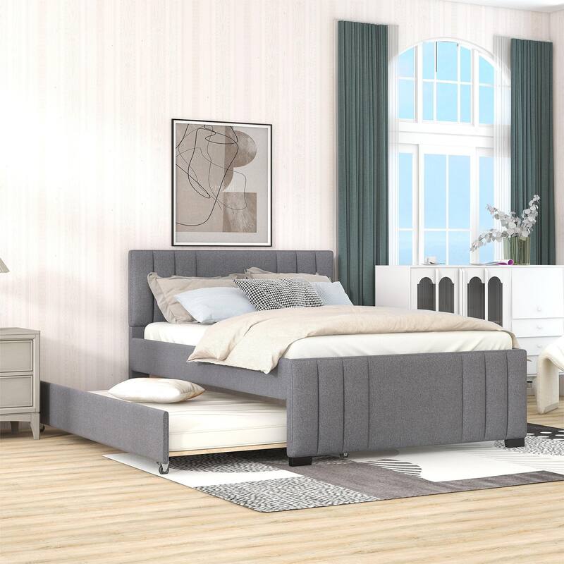 Full Size Linen Platform Bed with Trundle, Upholstered Bedframe with