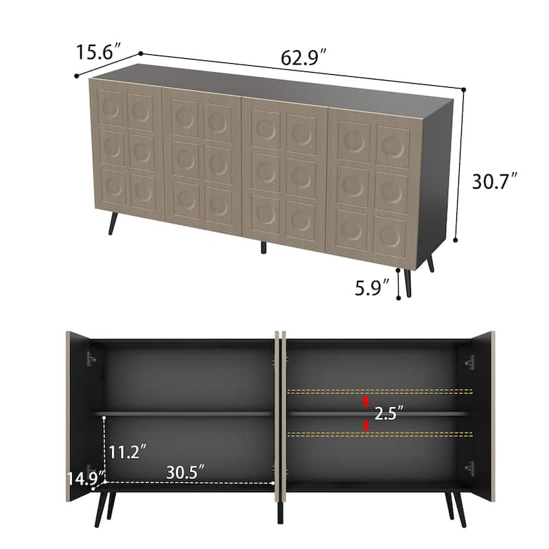 Storage Cabinet Buffet Sideboard with 4 Fluted Doors, Wood Accent Entryway Table with Adjustable Shelves