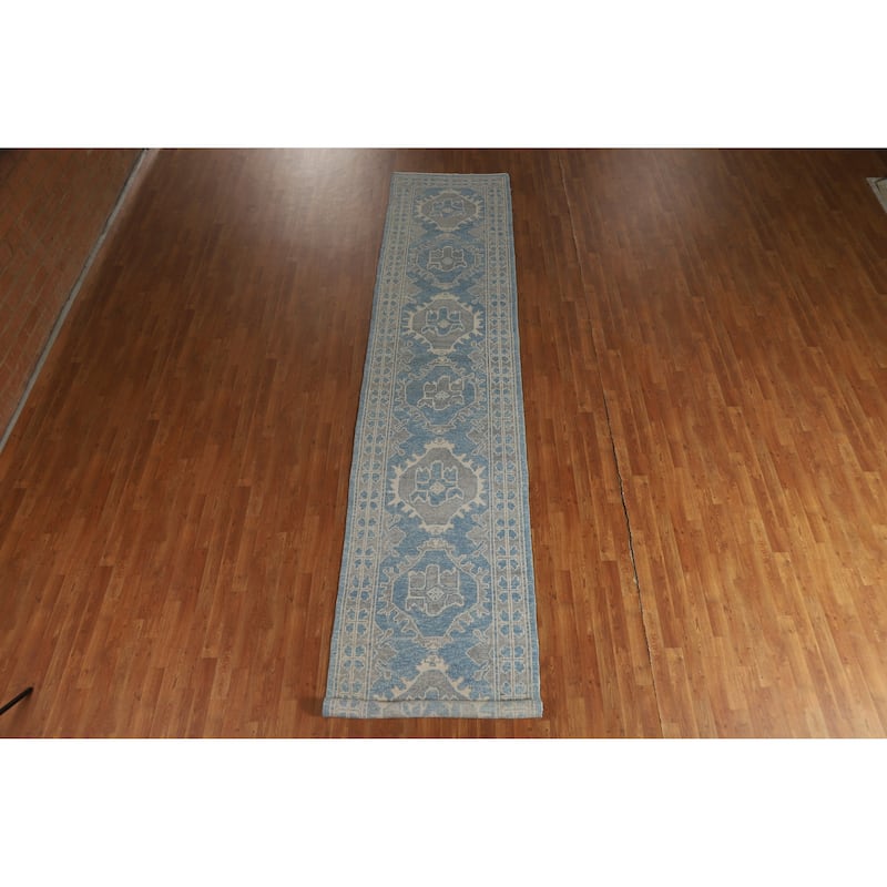 Hand Knotted Oriental 100% Wool Carpet Transitional Geometric Navy Blue & Blues Oushak Runner Rug - 15' 11'' X 3' 4''