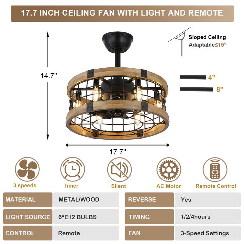 Cusp Barn 18 Inch Caged Ceiling Fan with Remote Control, Rustic Bladeless Ceiling Fan, Enclosed Farmhouse Fandeliers for Bedroom
