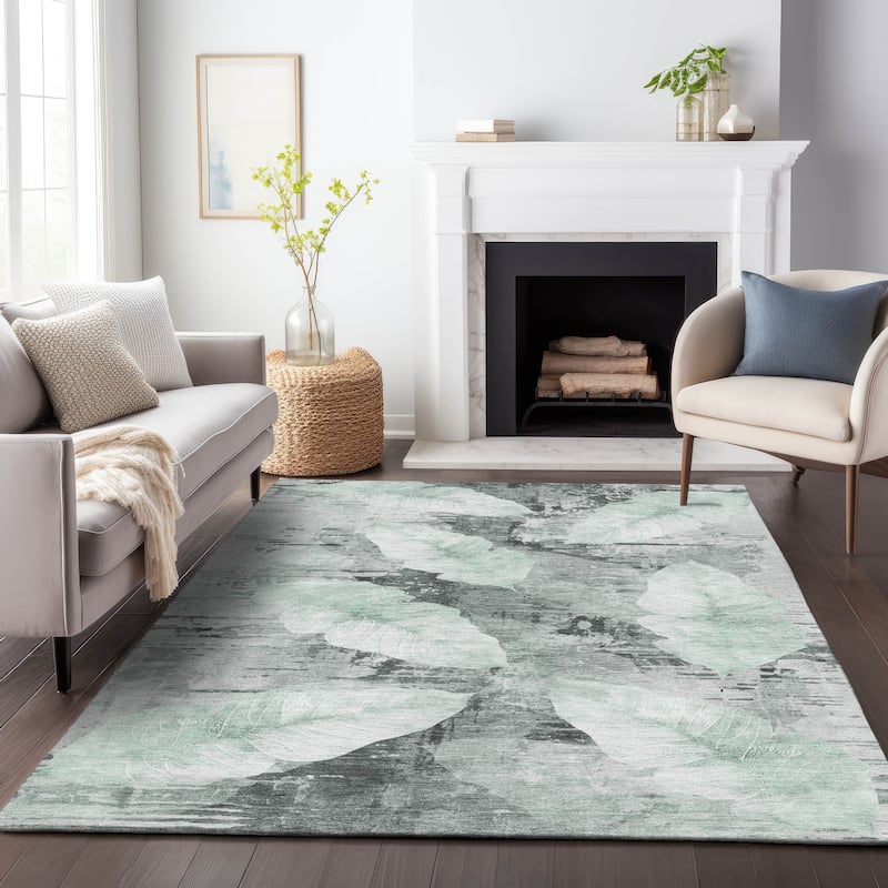 Machine Washable Indoor/Outdoor Modern Leaf Chantille Rug