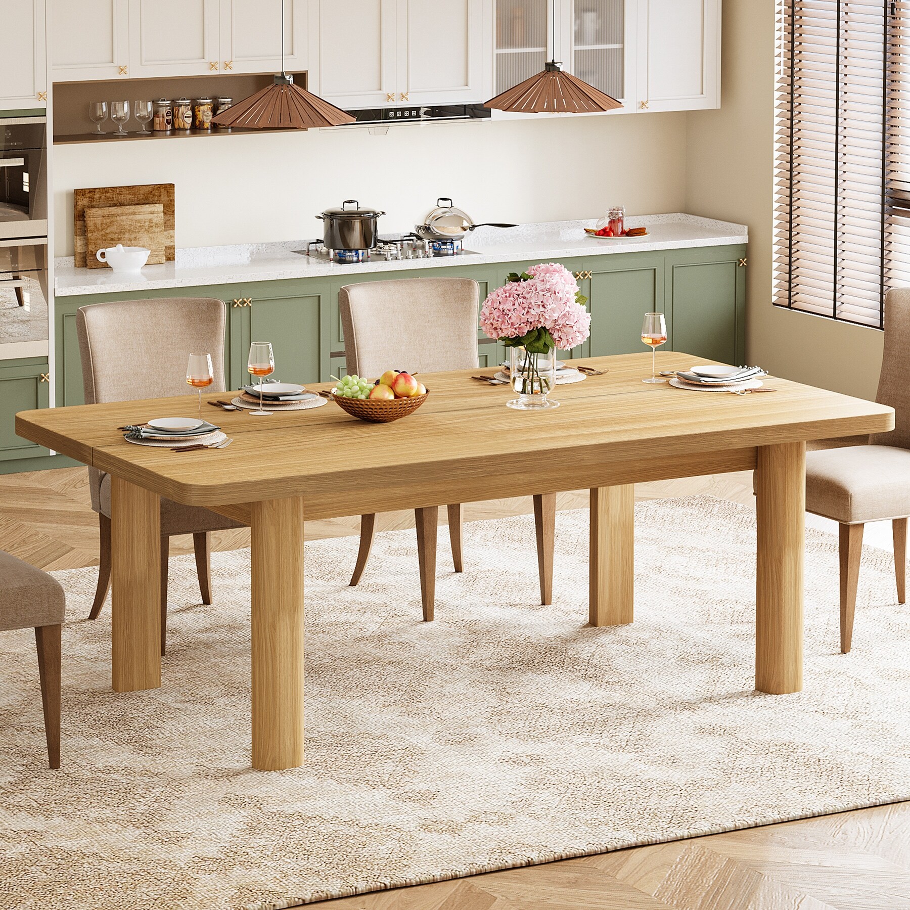 Wood Dining Table, 63'' Farmhouse Kitchen Table with Solid Wood Legs