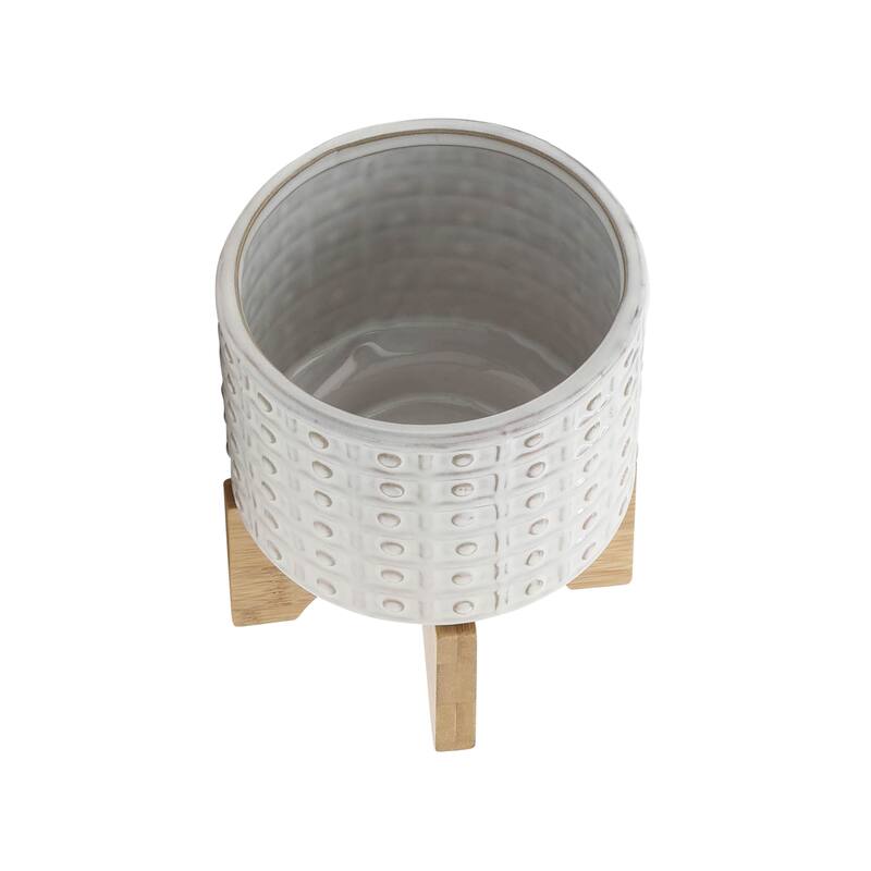 Sagebrook Home Handmade Ceramic Planter Pot with Natural Wood Stand