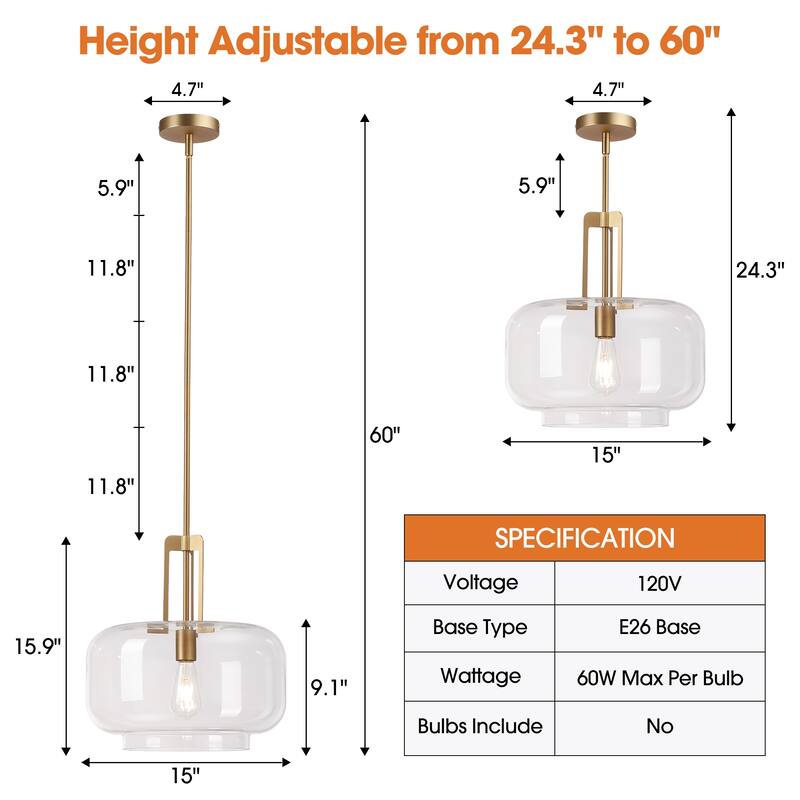 15" Antique Brass Glass Adjustable Pendant Light Hanging Ceiling Light for Kitchen Island