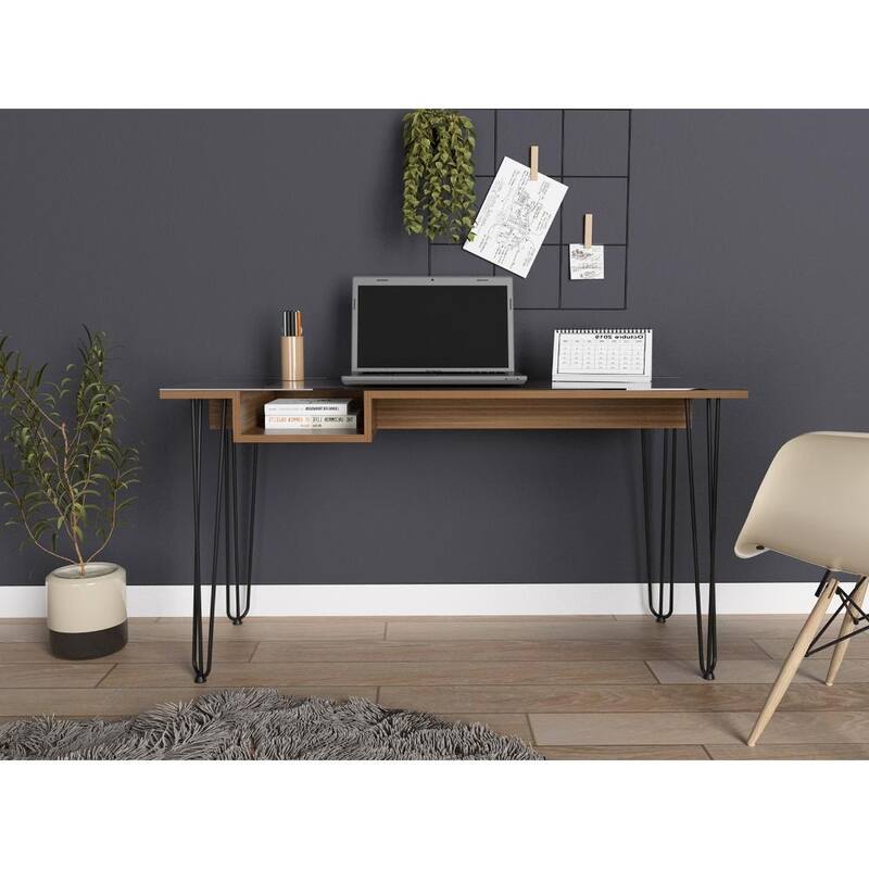 Sleek Mahogany Computer Desk with Glass Top, Metal Legs, and Storage Shelf for a Contemporary Home Office - Brown