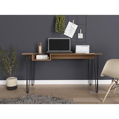 Sleek Mahogany Computer Desk with Glass Top, Metal Legs, and Storage Shelf for a Contemporary Home Office