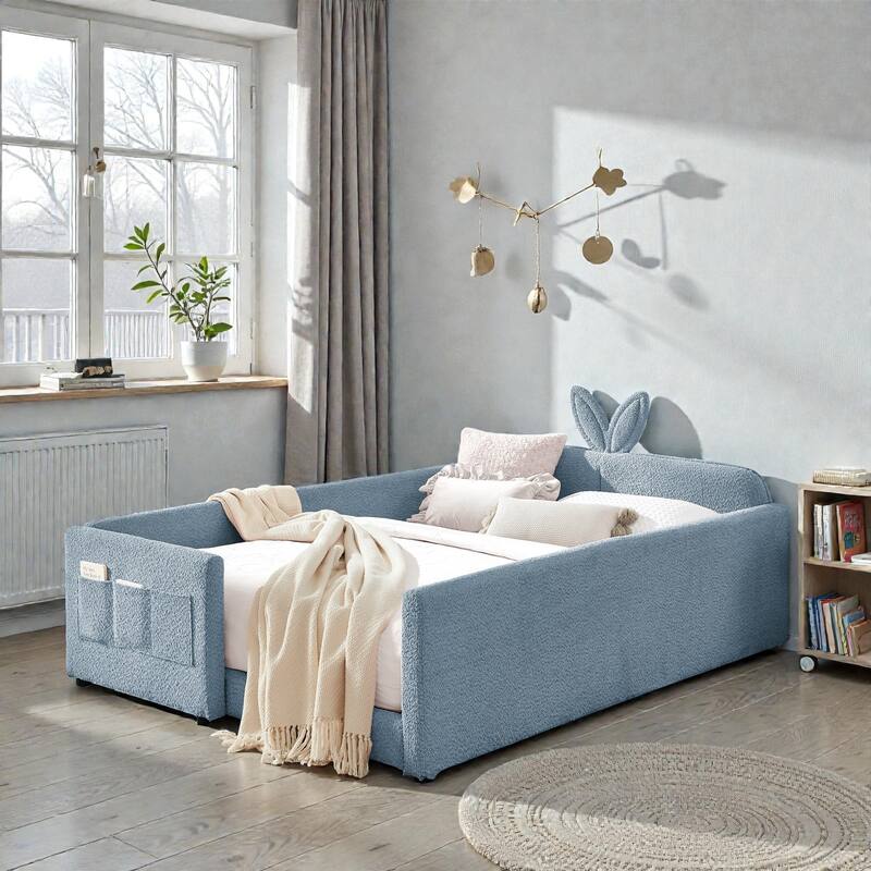 Full Size Upholstered Platform Bed with Rabbit Ear Headboard, Boucle Fabric Kids Bed with Safety Rail and Pocket
