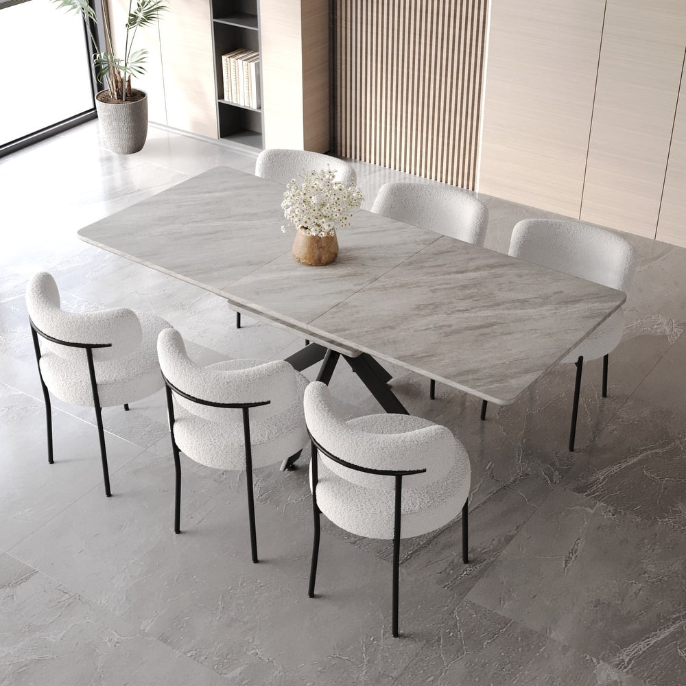 Modern Dining Set with Rectangular Extendable Table & Curved Backrest Round Upholstered Chairs