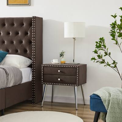 Contemporary Velvet Upholstered 2-Drawer Nightstand, Bedside Table with Metal Legs and Rivet Edge, Wooden Sofa Couch End Table