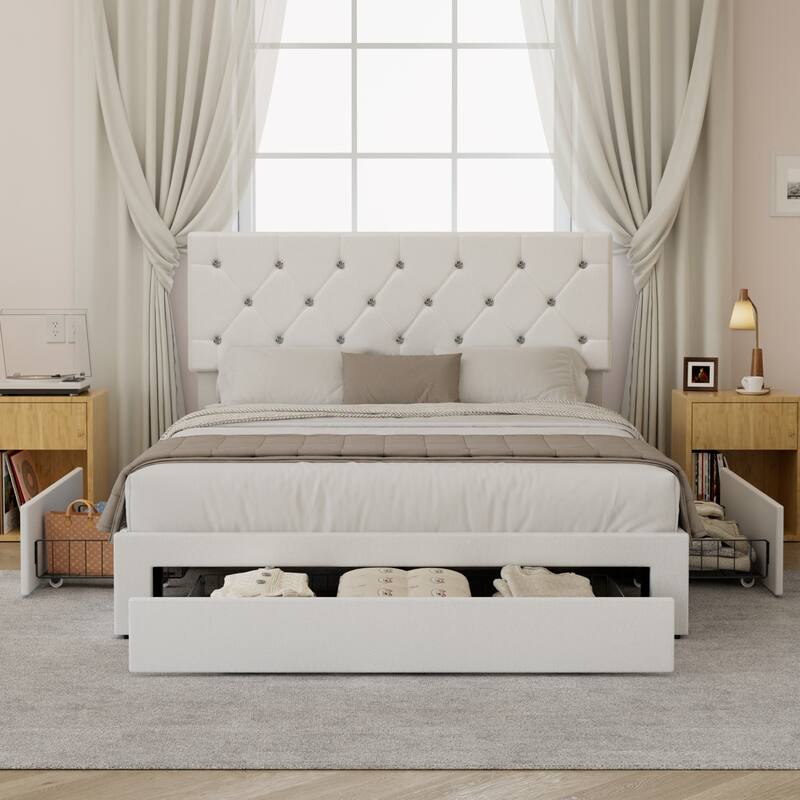 VECELO Bed Frame with Storage Drawers, Leather Upholstered with Diamond Tufted Headboard, Solid Wood Slat Support - White - Queen