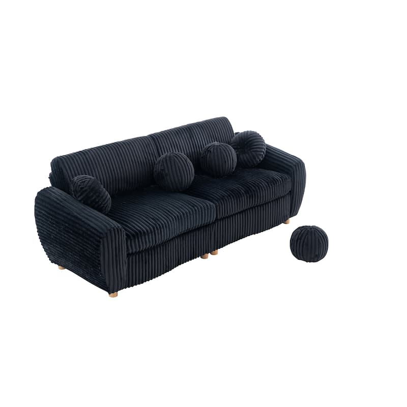 Corduroy Upholstered Loveseat Sofa, Fluffy Cloud Sectional Sofa with Armrest, Deep Seat Couch Settee with 5 Throw Pillows